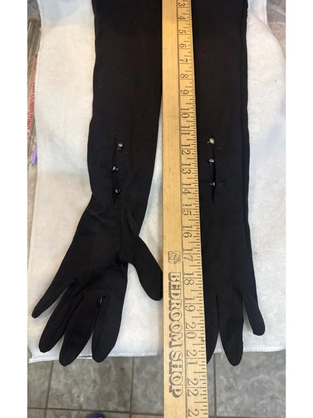 Mousquetaire pair of black opera-length evening gloves historic brand Fownes Bro
